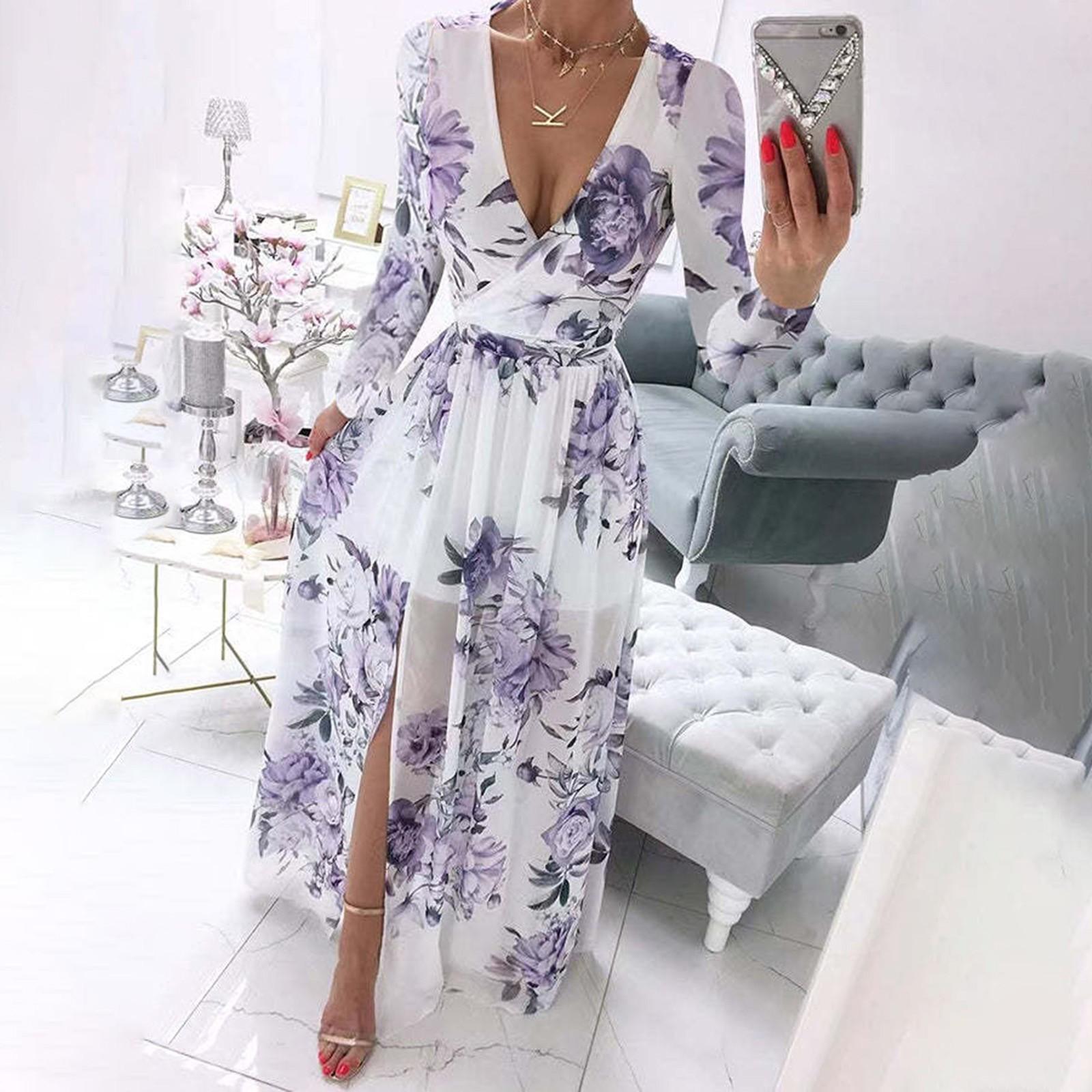 Женское шифоновое платье с длинными рукавами и v-образным вырезом с разрезом, торжественное платье